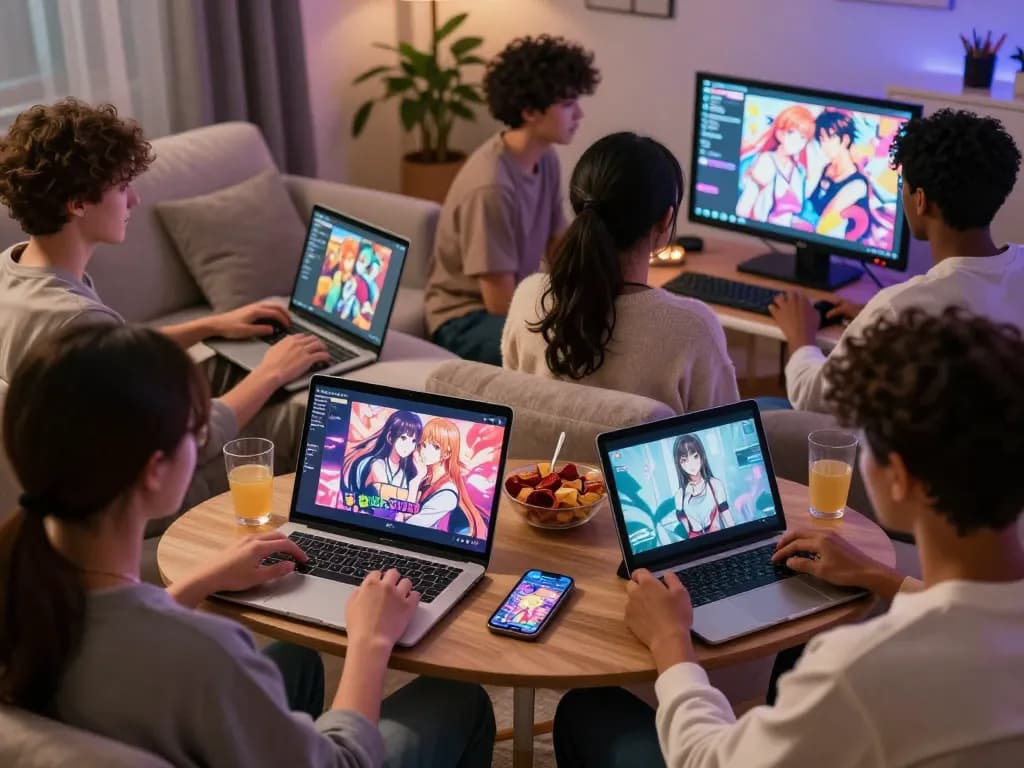 Players engaging with hentai games across devices in a cozy room.
