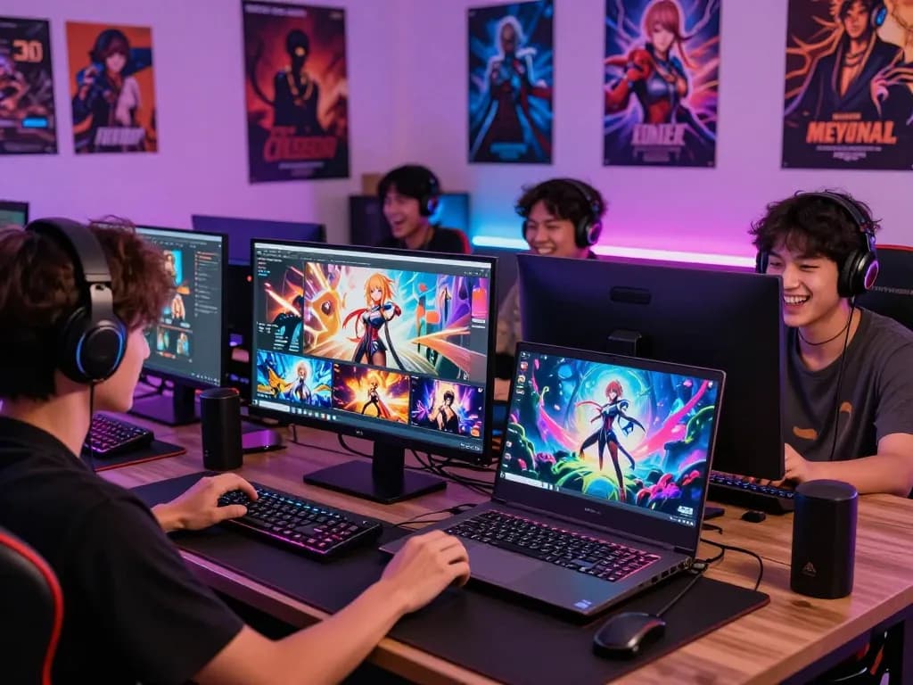 Engaging scene of players enjoying hentai games on multiple devices with vibrant anime graphics.