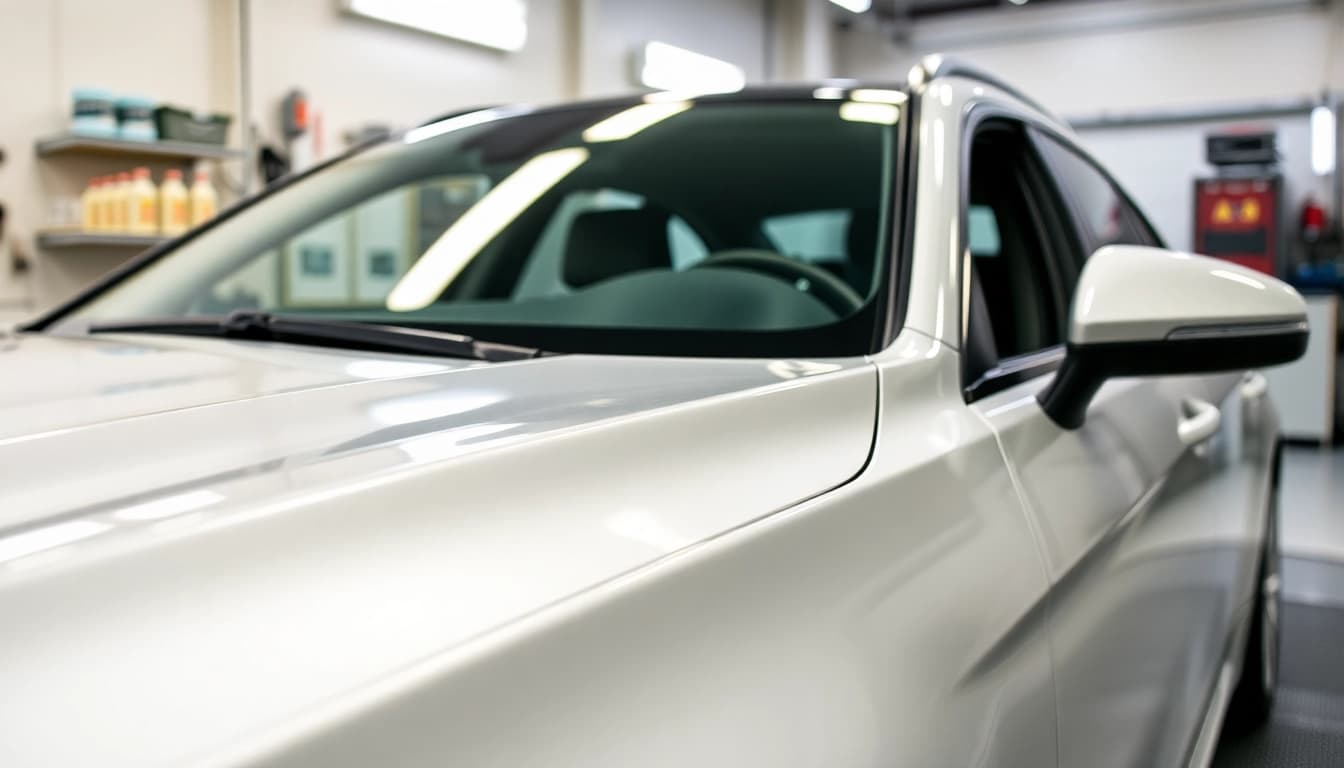 PPF winter road salt protection applied to a vehicle, showcasing protective film details in a clean auto detailing shop.