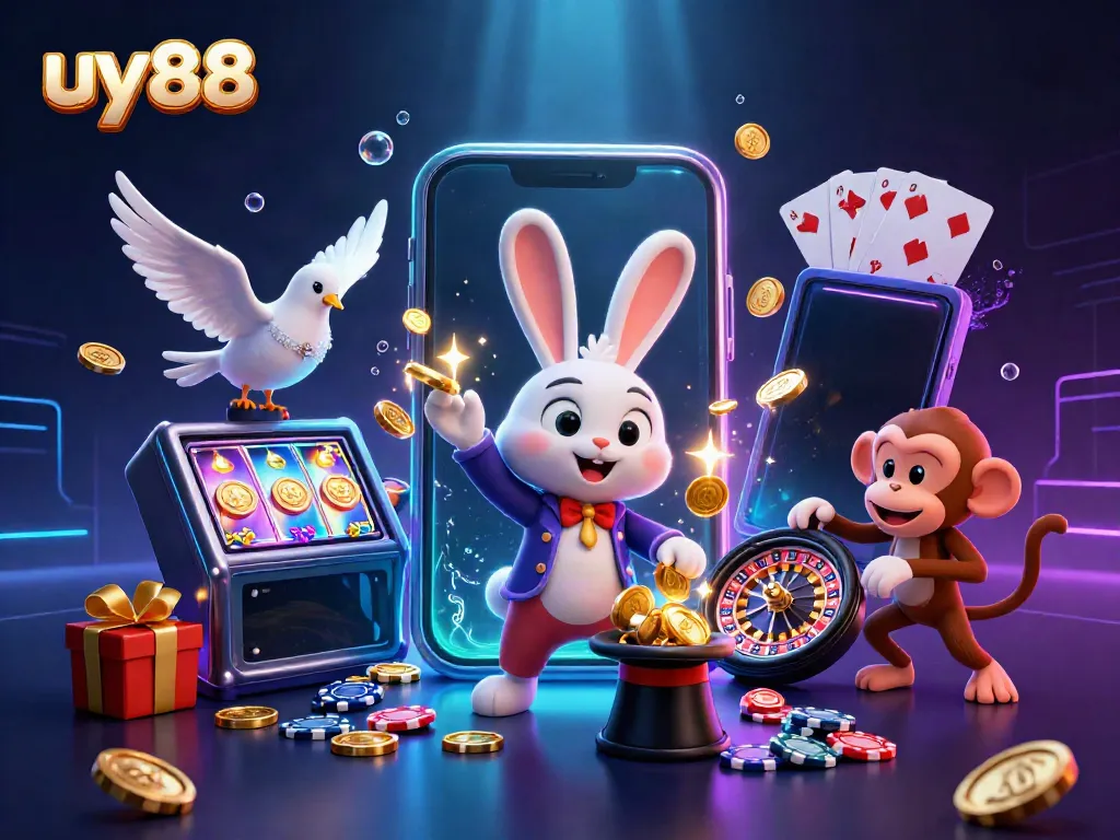 Experience the magic of uy88 with a vibrant scene of characters engaging in animated casino fun, showcasing thrilling games.