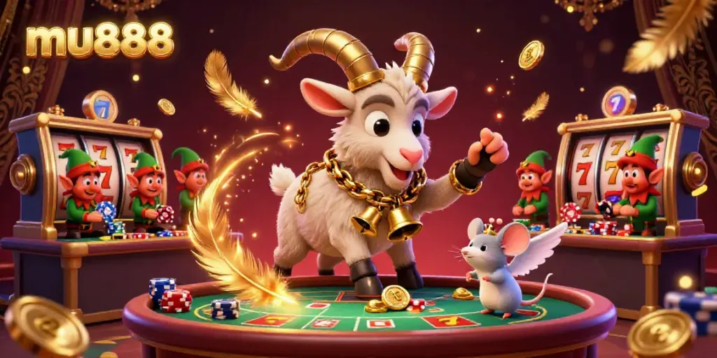 Experience vibrant excitement in the mu888 casino with animated characters amid stealing gremlins and festive decor.