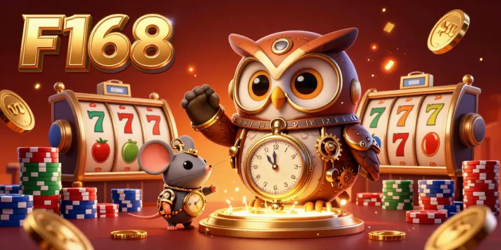 Experience the thrilling action of F168 with colorful slot reels and poker chips in a vibrant casino setting.