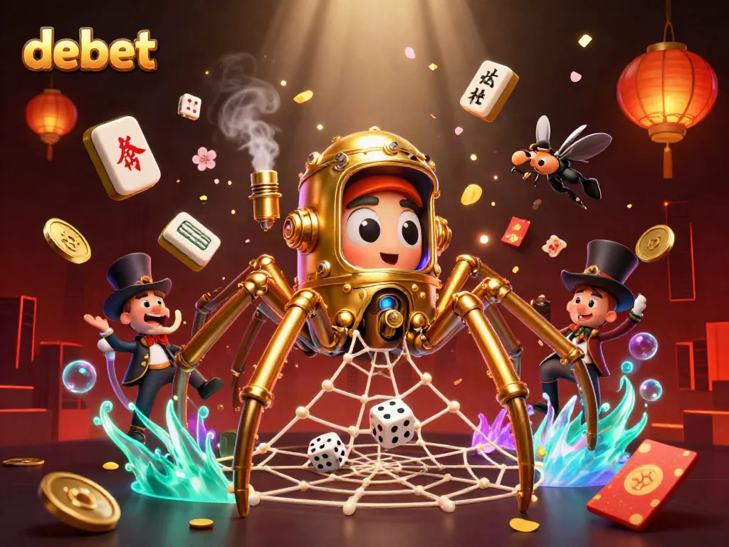 Engage with debet's winning strategies as a steampunk spider weaves fortune amidst dice and lanterns.