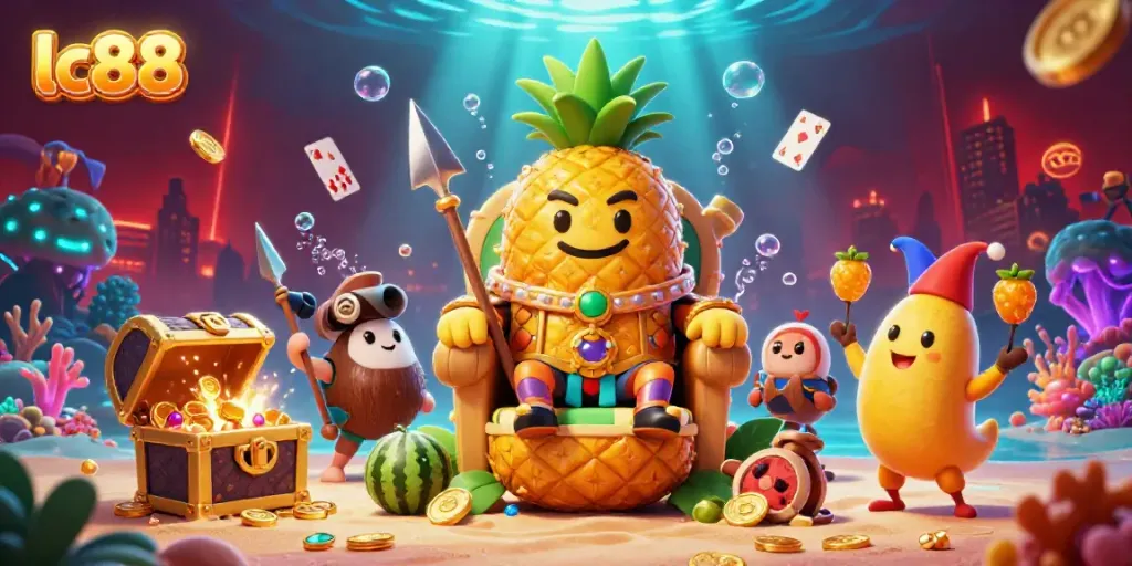 Join the fun at lc88's vibrant beach casino with golden king and lively characters!