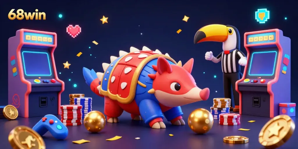 Experience the thrill of gaming with 68win's vibrant casino scene featuring competitive pangolins.