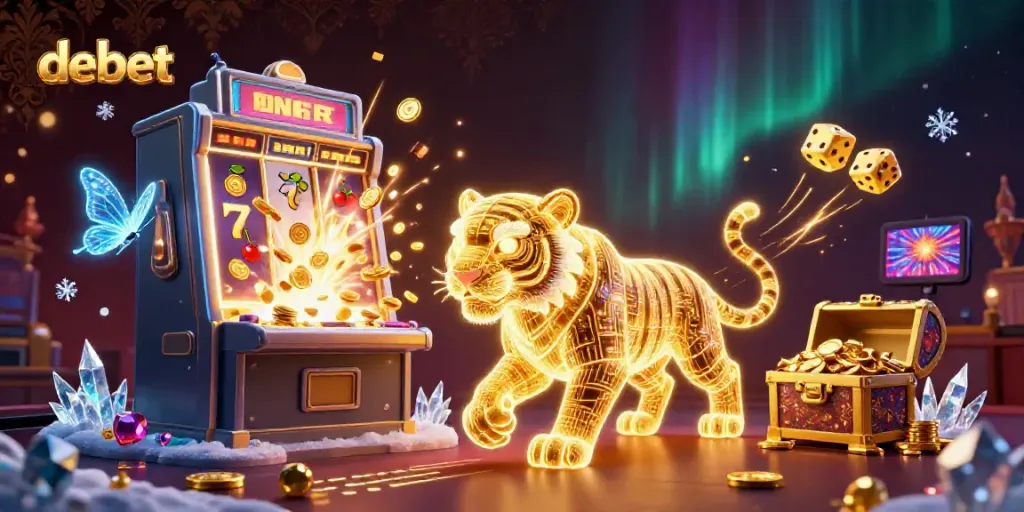 Spin the reels at Debet's vibrant casino scene, featuring a golden tiger and jackpot excitement.
