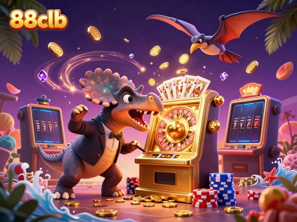 Experience excitement at 88clb with a pachycephalosaurus winning a jackpot while coins and gems fly everywhere.