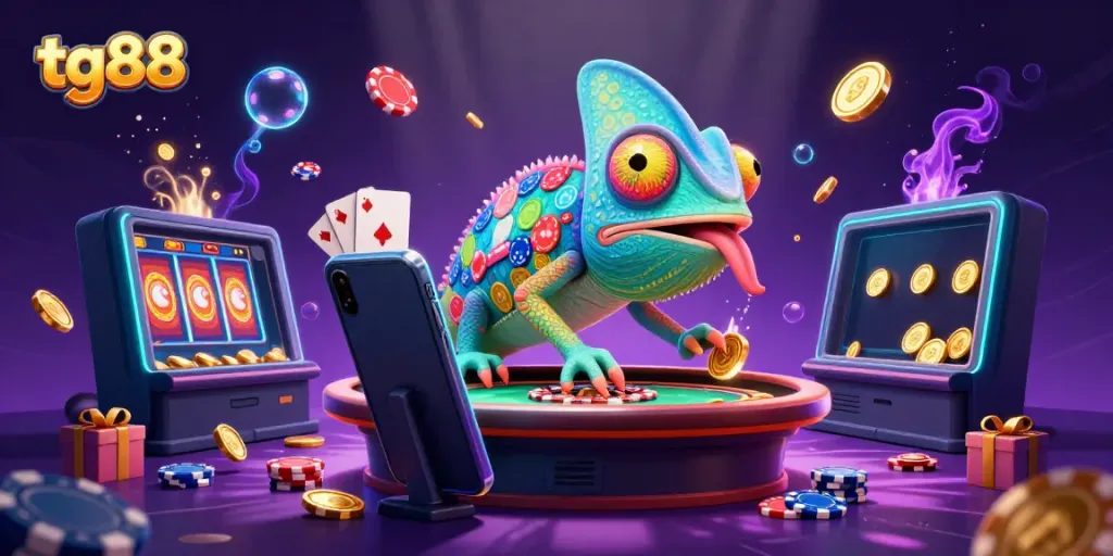 Experience the thrill of tg88 with a vibrant casino scene featuring a colorful chameleon owner, slot games, and glowing coins.