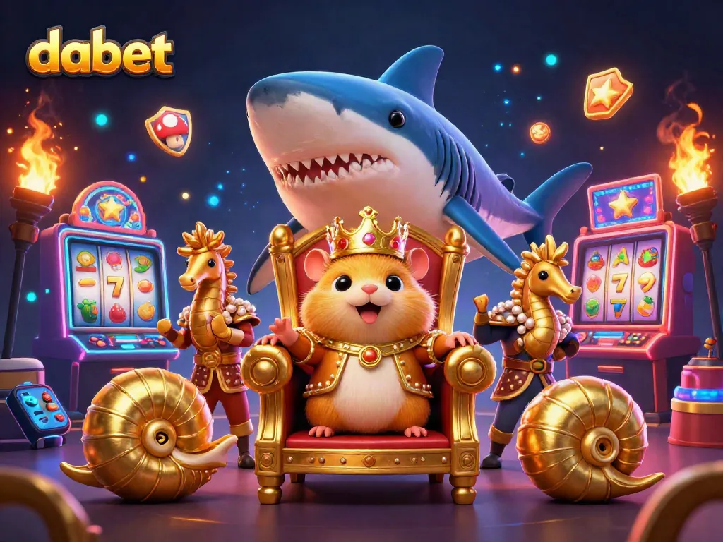 Dabet offers thrilling adventures as a golden hamster king reigns amidst vibrant slot machines and casino treasures.
