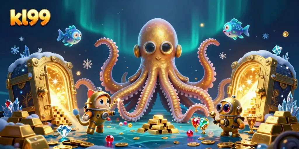 Win big with kl99's vibrant treasure-filled casino adventure featuring a kraken and diving cat.