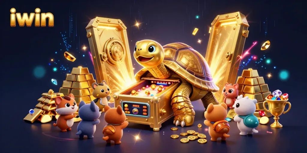 Join the fun with iwin's colorful gaming scene featuring vibrant treasures and a colossal tortoise!