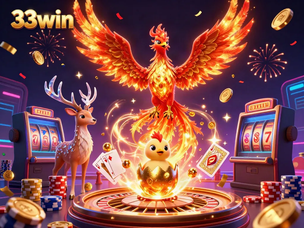 33win mang đến hình ảnh phoenix lửa và biểu tượng casino hấp dẫn, thu hút người chơi.