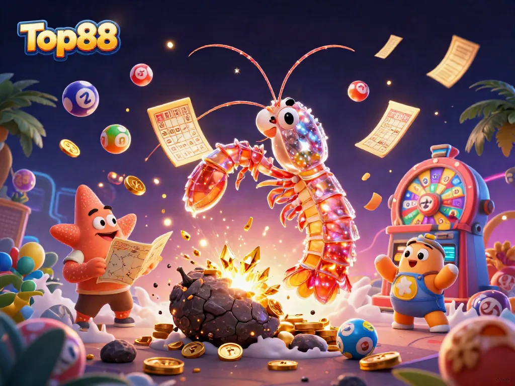 Engage with Top88 as a galactic samurai mantis shrimp battles asteroids, surrounded by colorful lottery elements.