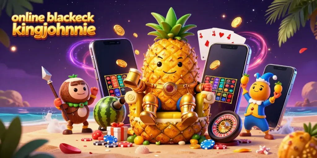 Experience online blackjack kingjohnnie with a vibrant casino scene featuring a golden pineapple king and animated gameplay elements.