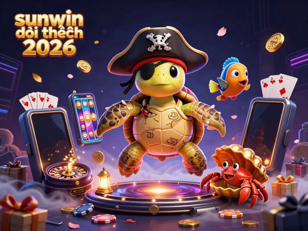 Experience sunwin đổi thưởng 2026 with a thrilling 3D scene featuring a pirate turtle and immersive casino elements.