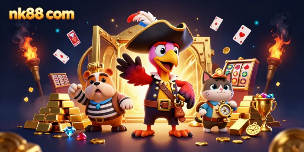 Experience exciting gaming at nk88 com with a colorful casino scene featuring jackpots and treasures.