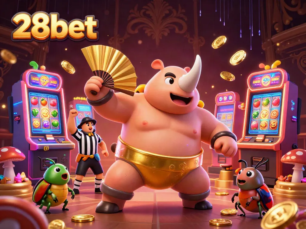 Engage with 28bet's vibrant casino experience, featuring a sumo beetle champion amid flying coins and slot machines.