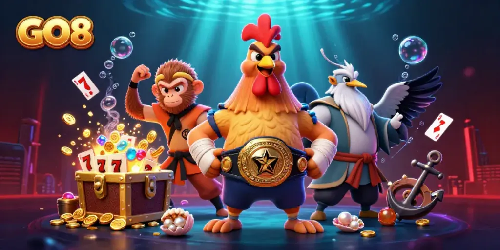 Experience the thrill of GO8 gaming with a dynamic illustration of casino characters and elements.