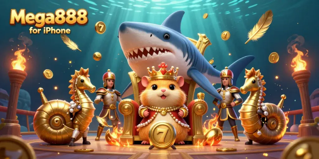 Engage with Mega888 for iPhone's immersive slots experience featuring golden hamster king and vibrant casino elements.