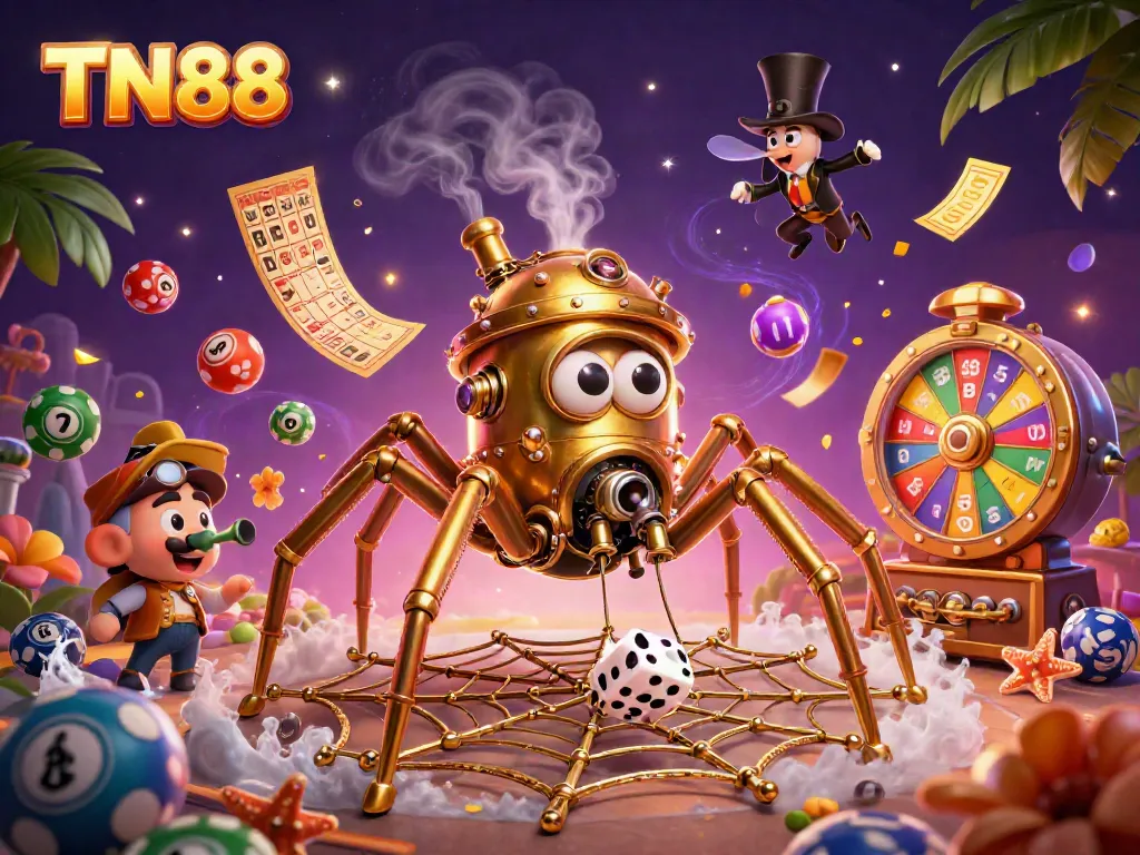 Experience the excitement of TN88 with a vibrant 3D scene featuring steampunk elements, games, and dynamic casino visuals.