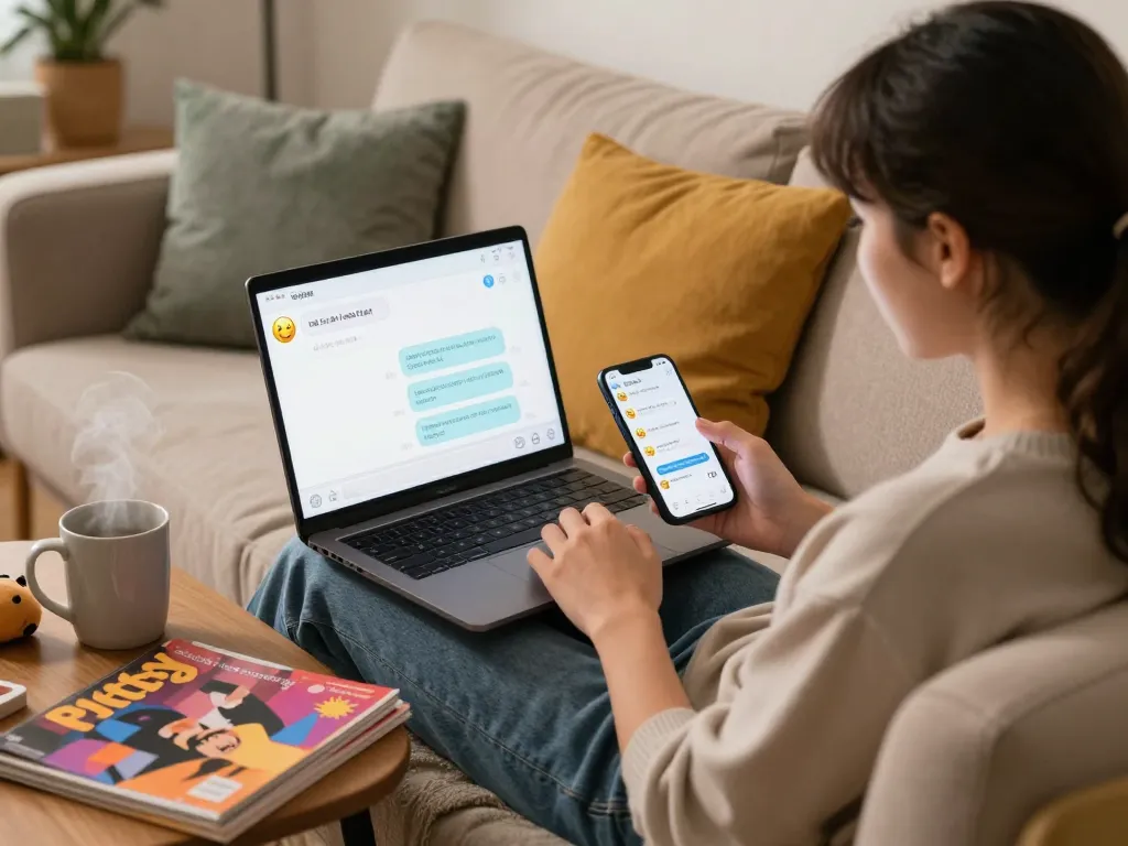 Engaging in a free AI sex chat on a cozy couch, showcasing a digital interaction atmosphere.