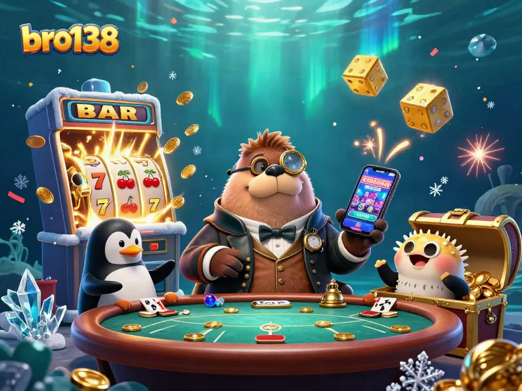 Experience thrilling bro138 gameplay with vibrant casino characters at an underwater poker table.