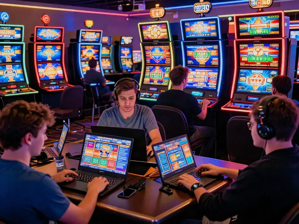 Players enjoying various games at Mastercard casinos, vibrant atmosphere of online gaming.