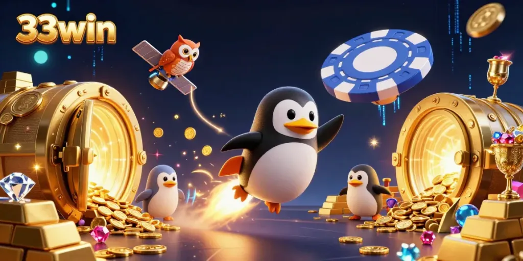 Experience the thrill of 33win with a penguin spaceship and animated casino elements in vibrant detail.