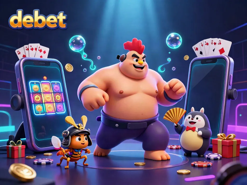 Debet platform showcases dynamic slot gaming with colorful characters in a vibrant casino scene.