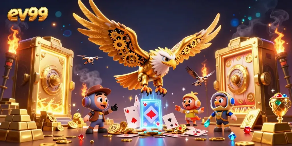 Experience winning with ev99's thrilling casino games, featuring a cybernetic eagle diving through holographic cards.