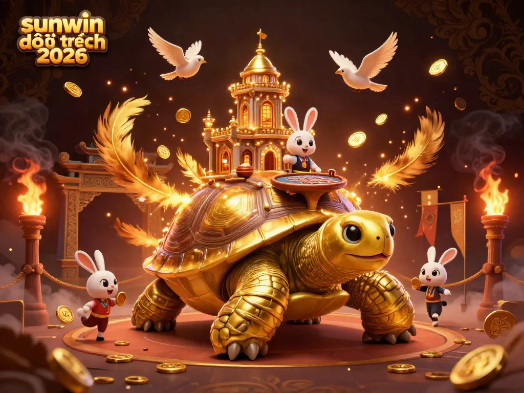 Experience sunwin đổi thưởng 2026 with a golden tortoise casino, rabbit dealer, and coins soaring.