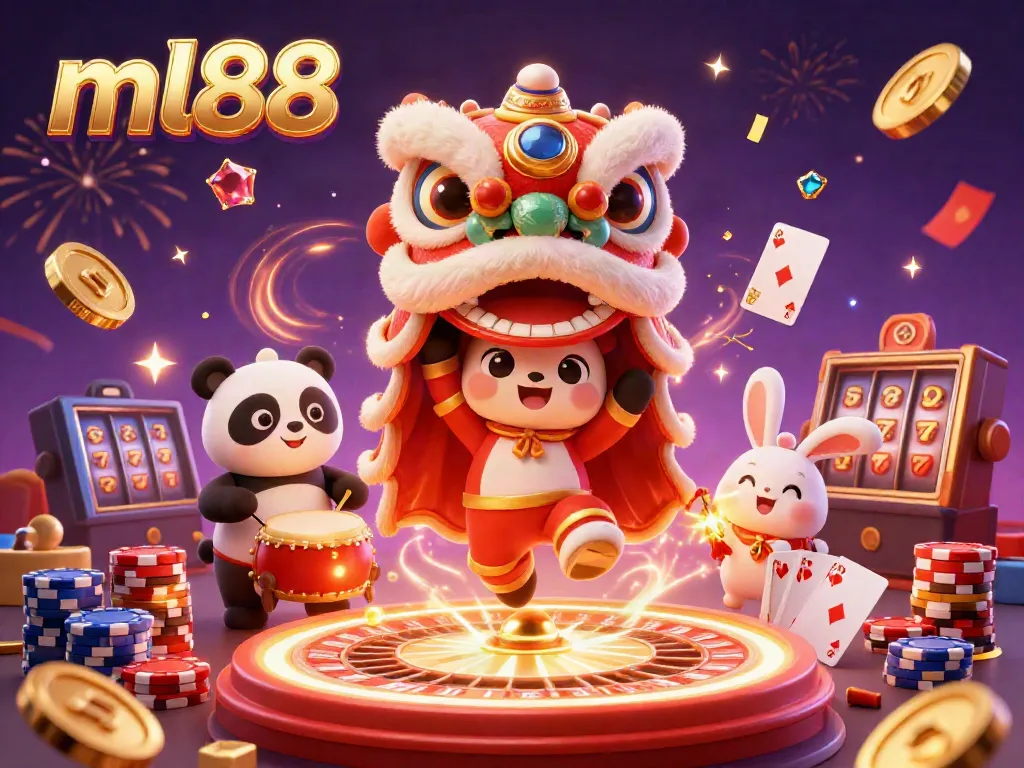 Experience the excitement of ml88 with a vibrant lion dance and dynamic casino elements.
