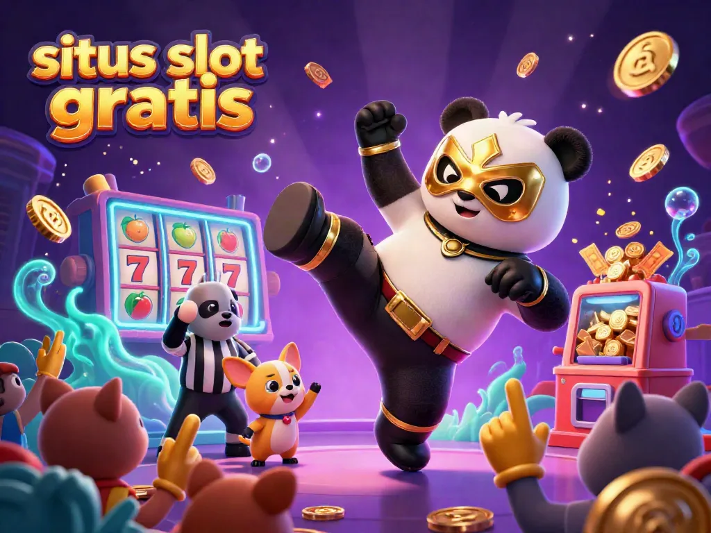 Situs slot gratis scene with a wrestler panda kicking, surrounded by gold coins and slot elements.