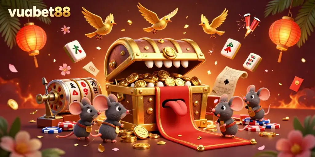 Experience the excitement of gambling with vuabet88, featuring a treasure chest and dynamic casino elements.