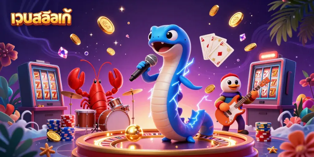 Experience thrilling action with เว็บสล็อตแท้ in an underwater casino scene featuring a DJ electric eel and colorful game elements.