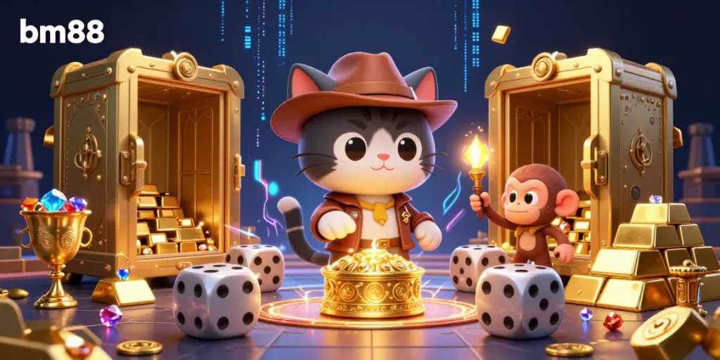 Engage with bm88 by experiencing a thrilling golden casino artifact discovery adventure in a vibrant digital illustration.
