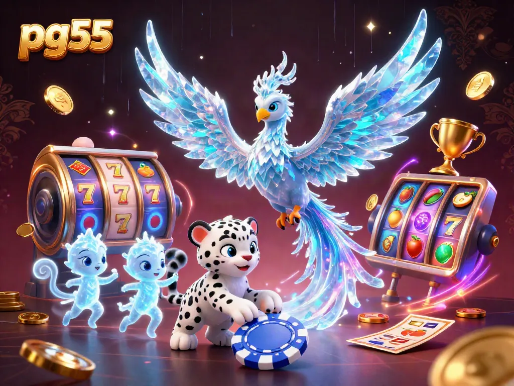 Experience the thrill of pg55 with a vibrant casino scene featuring an ice phoenix, snow leopard cub, and dynamic slots elements.