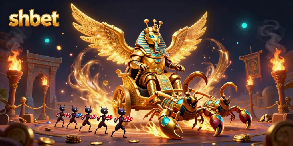 Engage with shbet, showcasing a vibrant chariot scene filled with gambling elements and characters in a dynamic design.