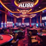 Experience the excitement of AU88 casino gaming with players at engaging tables and dazzling slot machines.