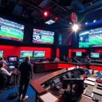 Captivating scene of sports broadcasting with dynamic studio setups and engaged commentators.