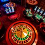Engage with high-stakes betting at https://nk88net.com/ featuring a luxurious roulette table and colorful slot machines.