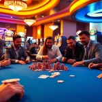 mmoo players engaging in a thrilling poker game at a vibrant casino table with colorful chips