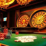 Engaging casino scene illustrating GA888's dynamic gambling activities, featuring vibrant poker chips and roulette.
