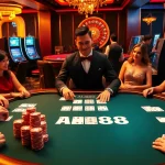 Experience the excitement of AU88 at a premium poker table with stylish players and vibrant chips.