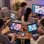 Players engaging with hentai games across devices in a cozy room.