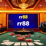 Exciting scene showcasing the vibrant atmosphere of trang chủ rr88 with players engaged at a poker table and roulette wheel.