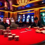 Experience high-stakes action at https://cm88.bio/ with an elegantly set poker table and vibrant casino atmosphere.