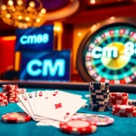Exciting poker action with cm88.com branding, showcasing vibrant casino gaming elements.