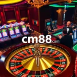 Exciting casino gameplay featuring cm88 com logo, roulette wheel, and vibrant chips.