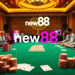 A table at new88 casino with poker chips, cards, and a lively atmosphere.